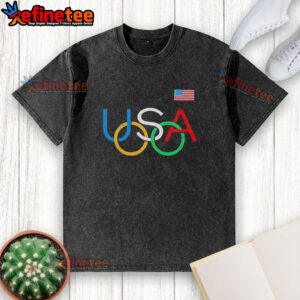 Funny USA Rings Olympic logo washed t-shirt in vibrant colors, perfect for sports enthusiasts and casual wear.