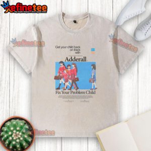 Child wearing a washed t-shirt featuring 'Good Get Your Child Back On Track With Azu Adderall' design, promoting focus.