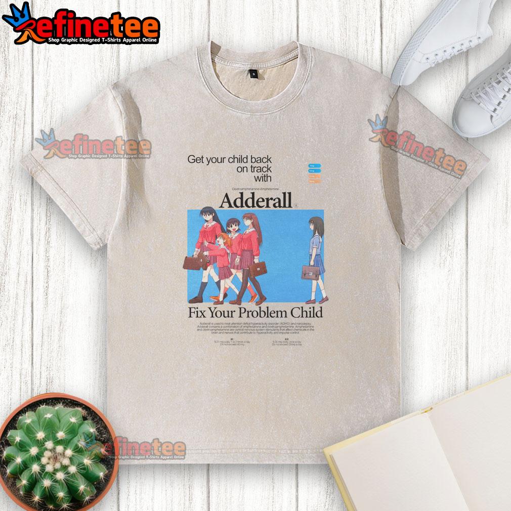 Child wearing a washed t-shirt featuring 'Good Get Your Child Back On Track With Azu Adderall' design, promoting focus.