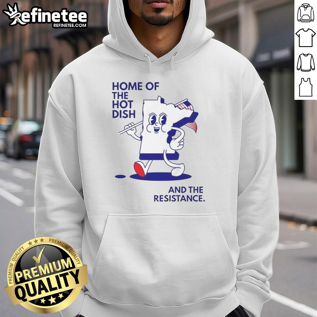 Person wearing 'Good Home of the Hot Dish' hoodie, holding Minnesota map and flag, celebrating local pride and culture.