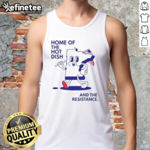 Person wearing a tank top with 'Good Home of the Hot Dish' and a Minnesota map holding a flag, showcasing state pride.