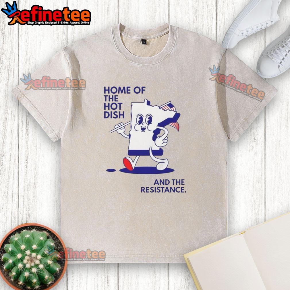Good Home of the Hot Dish Minnesota Map design on a washed t-shirt, featuring a flag and vibrant colors.