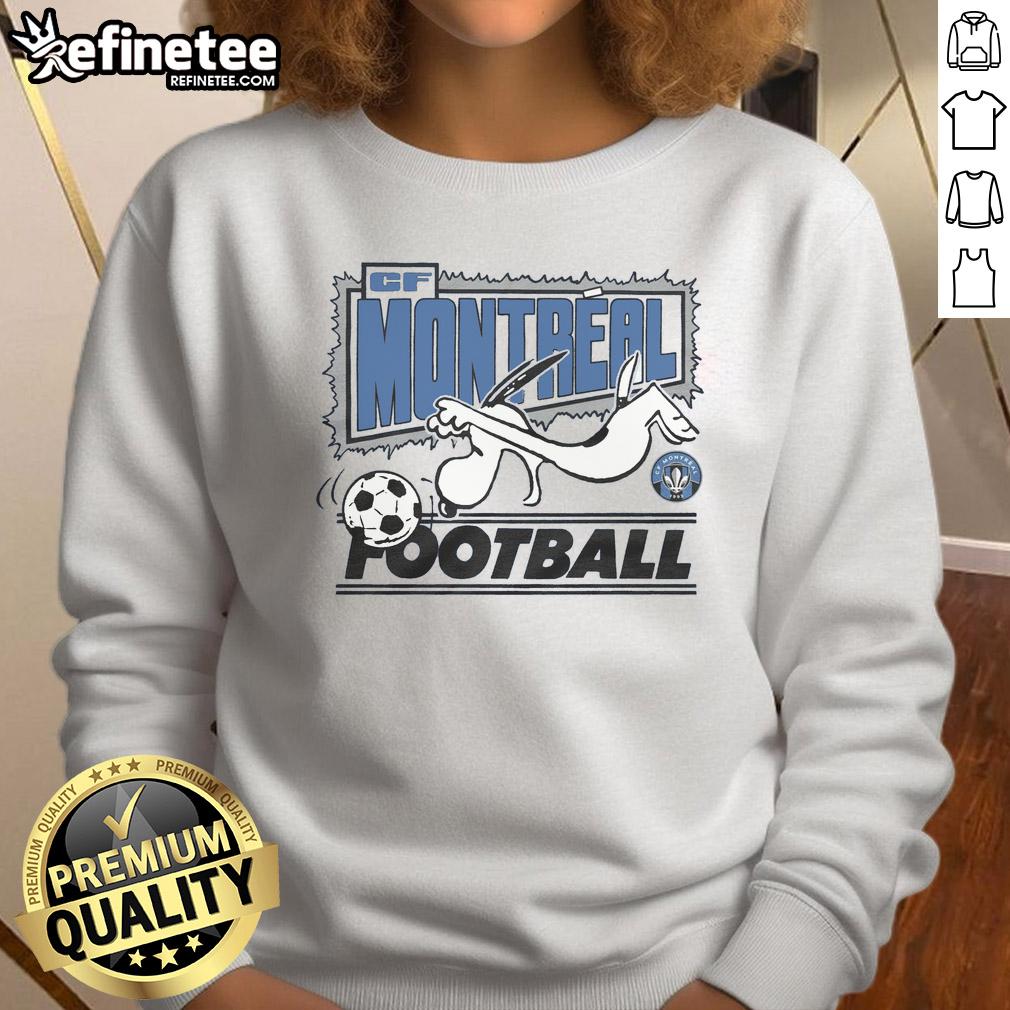 Good Peanuts Snoopy x CF Montreal sweatshirt featuring colorful design of Snoopy and team logo on soft fabric.
