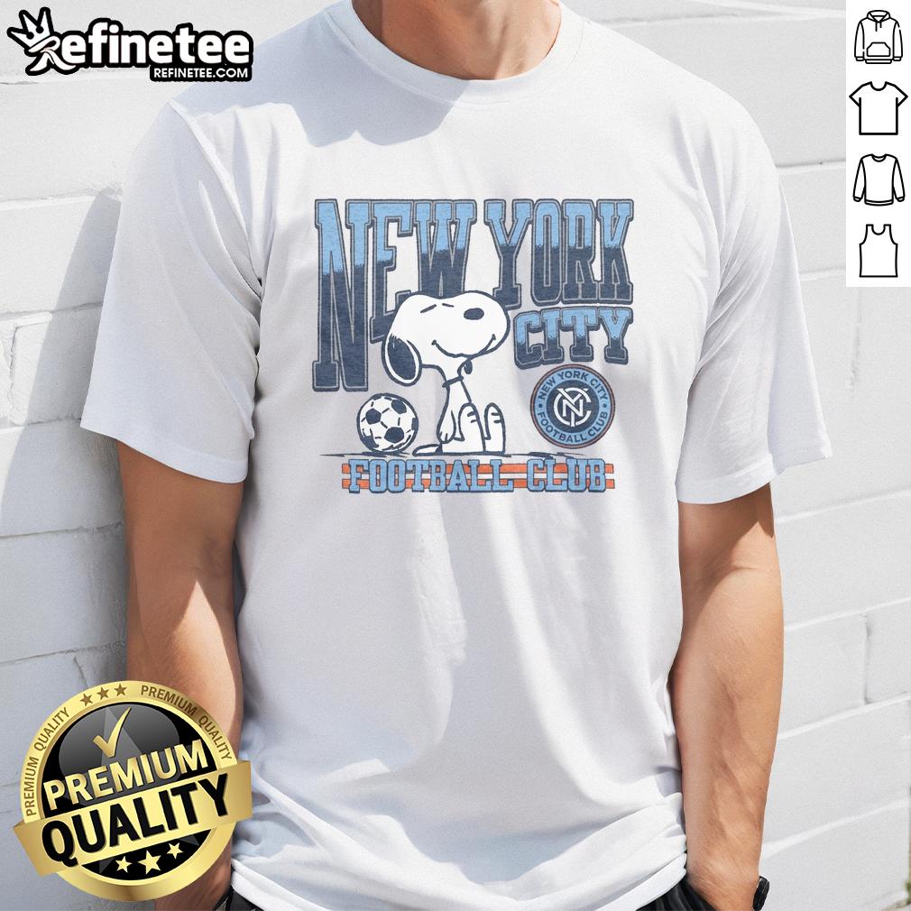 Good Peanuts Snoopy X New York City FC T-Shirt featuring Snoopy in NYC colors, perfect for fans and casual wear.
