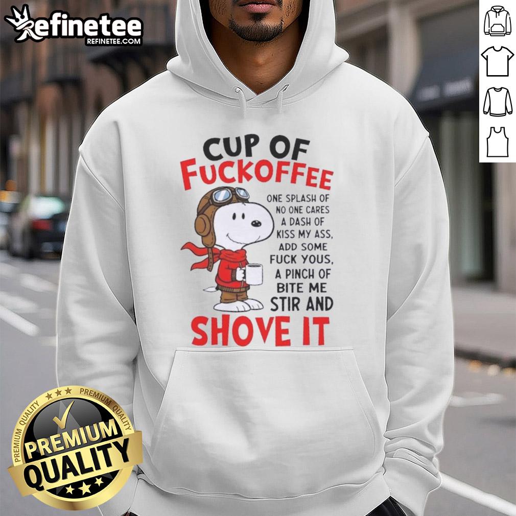 Alt Text: Funny Snoopy coffee cup design with humorous phrases on a cozy hoodie, perfect for coffee lovers and gift ideas.