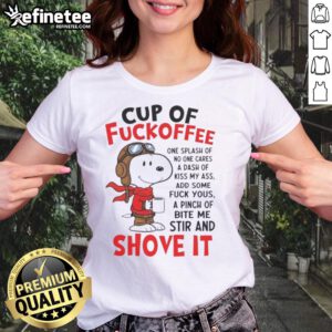 Alt Text: Funny Snoopy coffee cup design featuring humorous quotes for a playful ladies tee, perfect for coffee lovers.