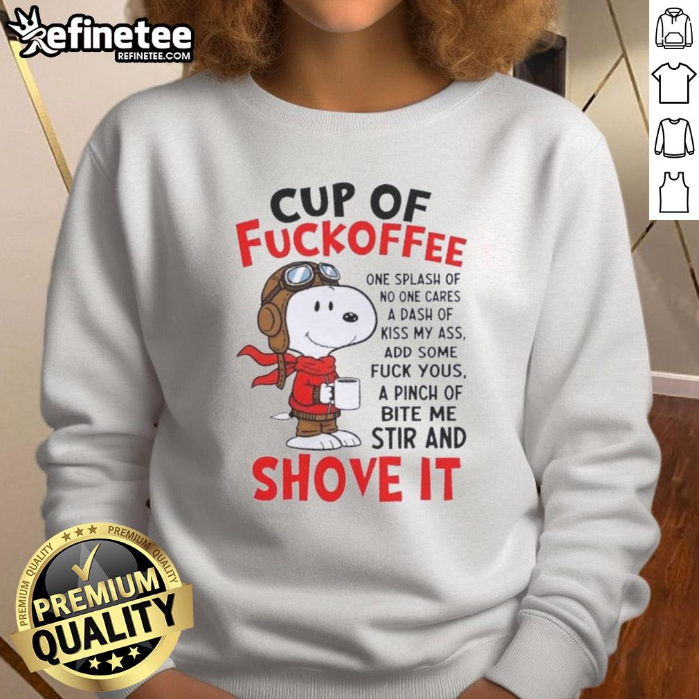 Alt Text: Cozy sweatshirt featuring a humorous Snoopy design with the phrase A Dash of Kiss My Ass for coffee lovers.
