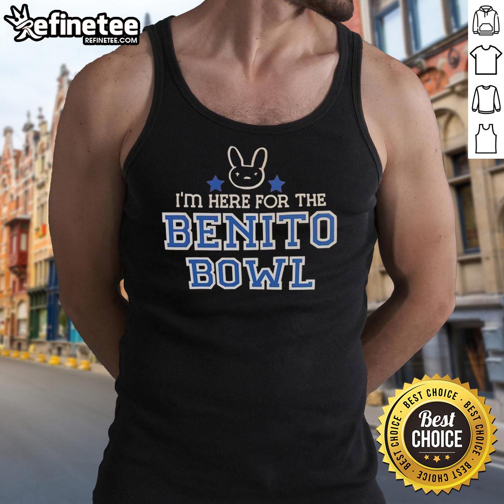 Official Bunny 'I'm Here for the Benito Bowl' tank top featuring a playful design, perfect for game day apparel.