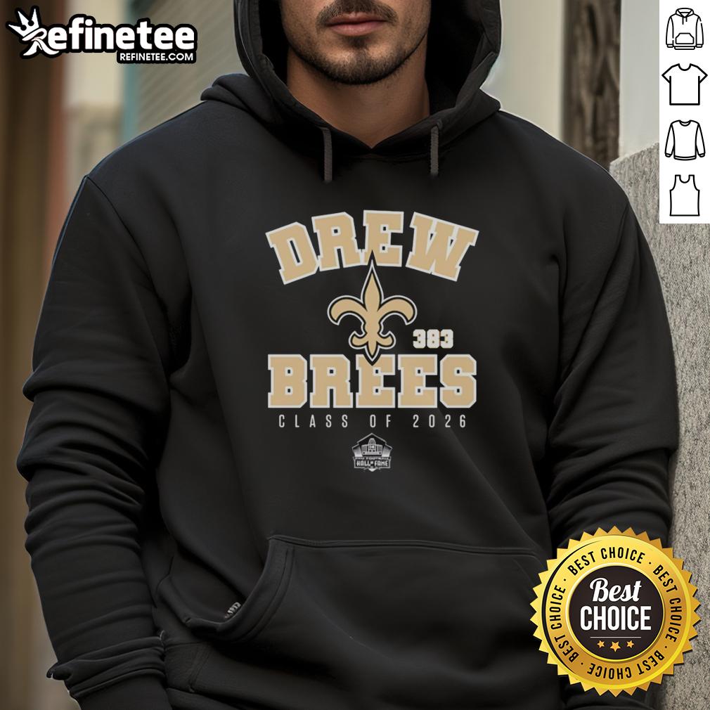 Official Drew Brees New Orleans Saints Class of 2026 Pro Football Hall of Fame hoodie displayed on a mannequin.