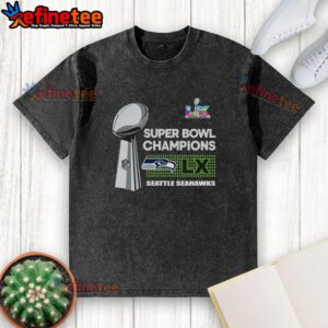 Official Seattle Seahawks Super Bowl LX Champions trophy washed t-shirt featuring team logo and vibrant design.