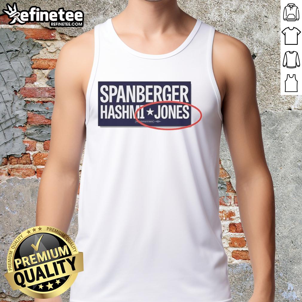 Original Abigail Spanberger, Ghazala Hashmi, and Jay Jones sporting tank tops at a campaign event, promoting unity.