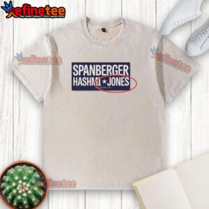 Original Abigail Spanberger, Ghazala Hashmi, and Jay Jones wearing washed T-shirts at a campaign event.