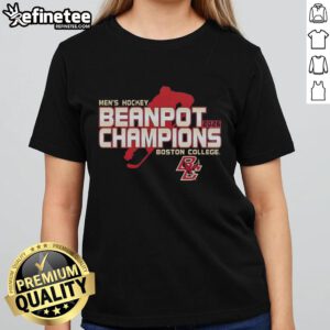 Alt Text: Boston College Eagles Men's Hockey 2026 Beanpot Champions locker room ladies tee showcasing team pride and celebration.