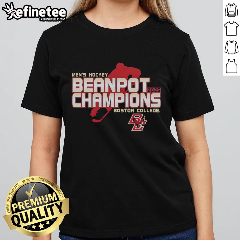 Alt Text: Boston College Eagles Men's Hockey 2026 Beanpot Champions locker room ladies tee showcasing team pride and celebration.