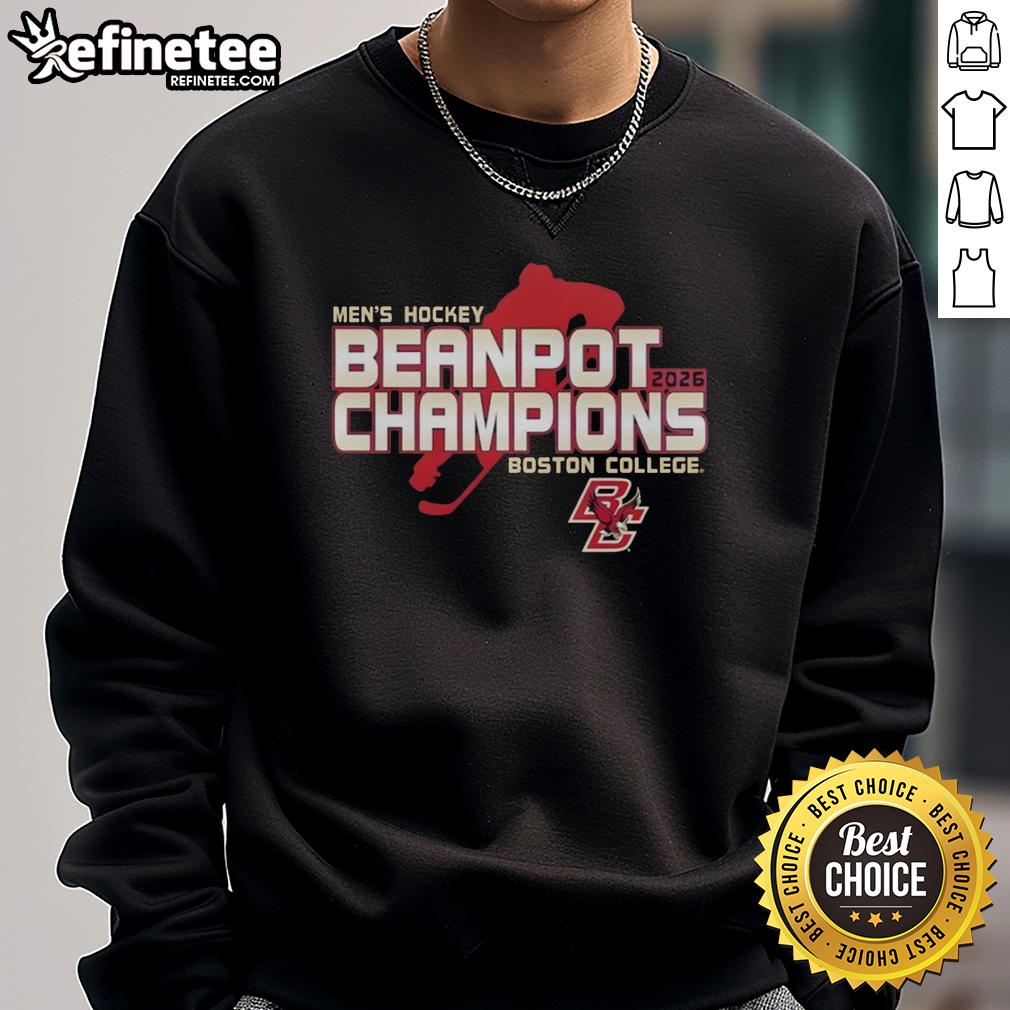 Alt Text: Boston College Eagles Men's Hockey 2026 Beanpot Champions sweatshirt displayed in a locker room setting.