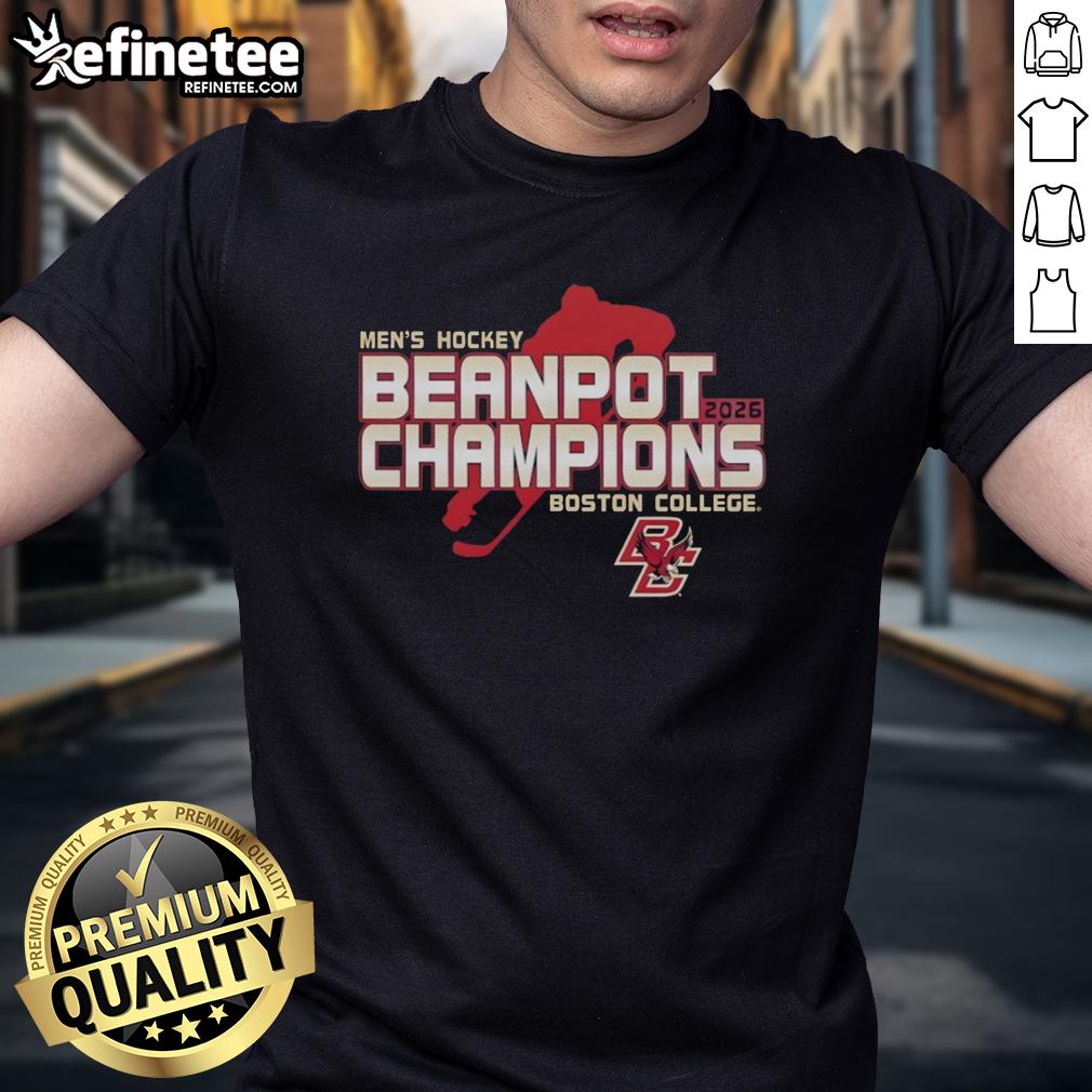 Alt Text: Original Boston College Eagles Men's Hockey 2026 Beanpot Champions T-Shirt displayed in a locker room setting.