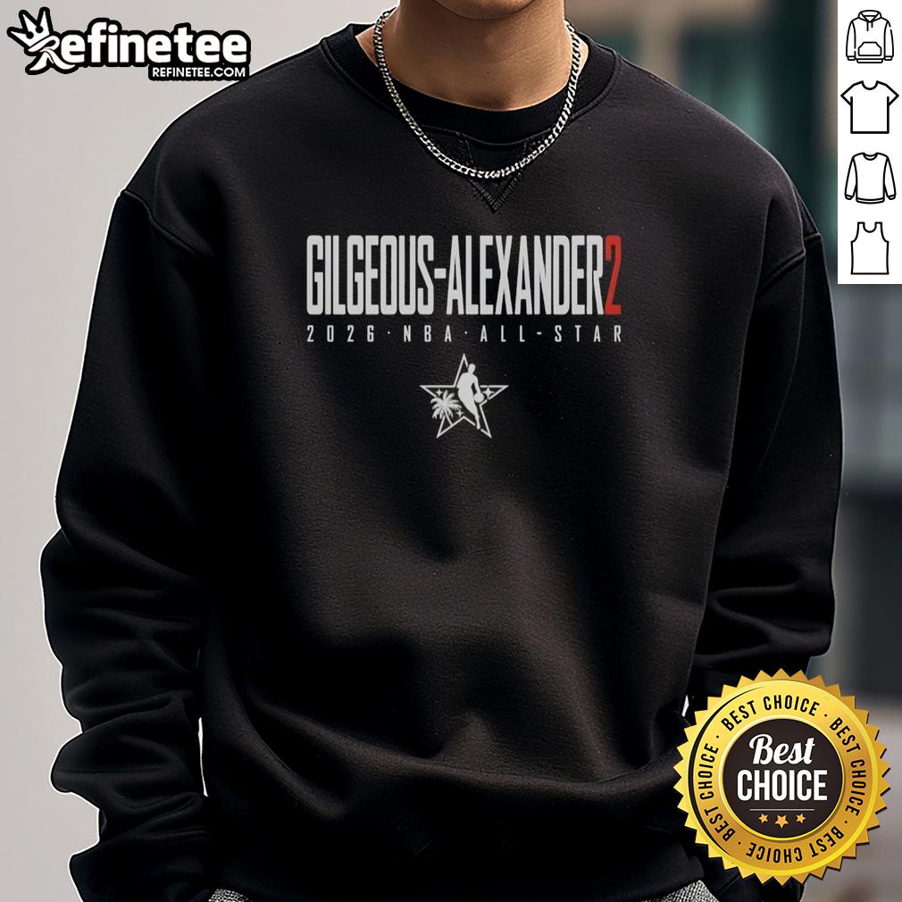 Shai Gilgeous-Alexander wearing the Oklahoma City Thunder 2026 NBA All-Star Elite sweatshirt, showcasing team pride.