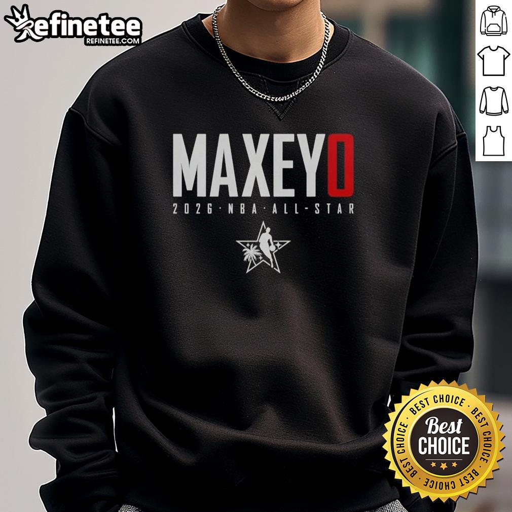 Alt Text: Tyrese Maxey in a 2026 NBA All-Star Elite sweatshirt for the Philadelphia 76ers, showcasing team pride and style.