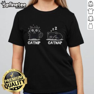 Premium Catnip Catnap Funny Cat Ladies Tee with playful cat graphic, perfect for cat lovers and casual wear.