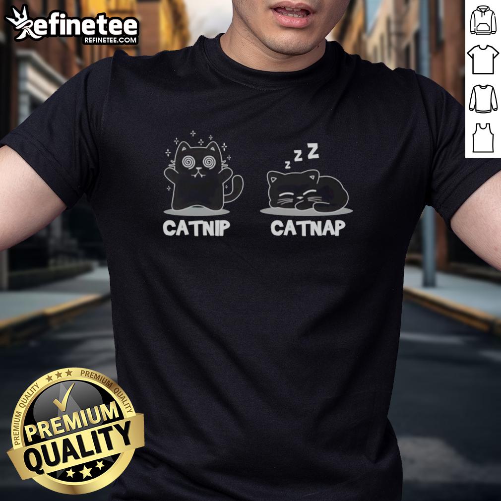 Funny cat T-shirt featuring 'Premium Catnip Catnap' design, perfect for cat lovers and comfy casual wear.