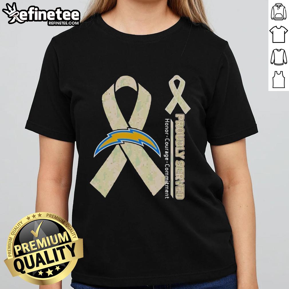 Premium Los Angeles Chargers ladies tee showcasing honor, courage, and commitment in stylish design and vibrant colors.