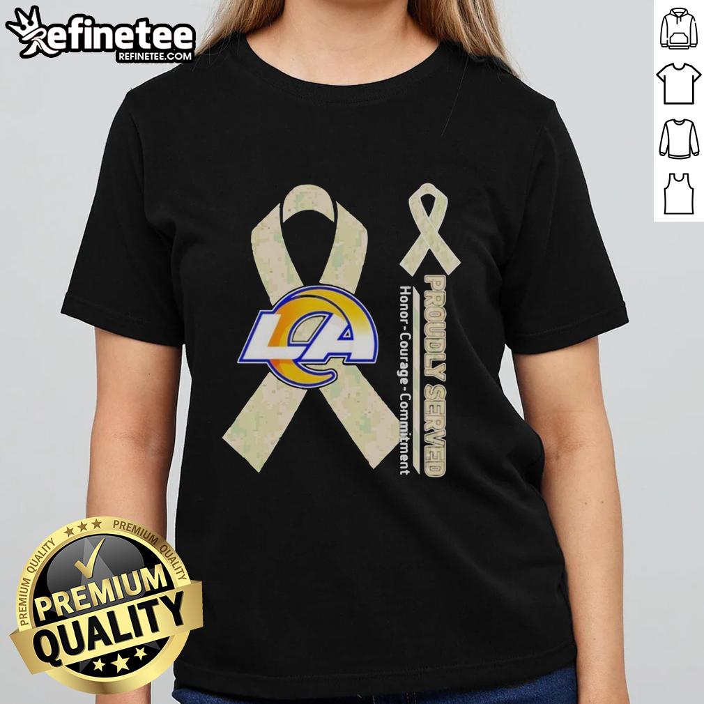 Premium Los Angeles Rams tee for women featuring 'Honor Courage Commitment' design, perfect for fans and casual wear.