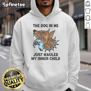 Alt Text: Premium 'The Dog In Me Just Mauled My Inner Child' hoodie on a model, showcasing fun and playful pet-themed apparel.