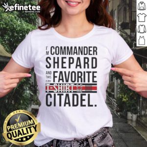 Commander Shepard wearing a favorite shirt on the Citadel in Mass Effect. Stylish ladies tee for gamers.