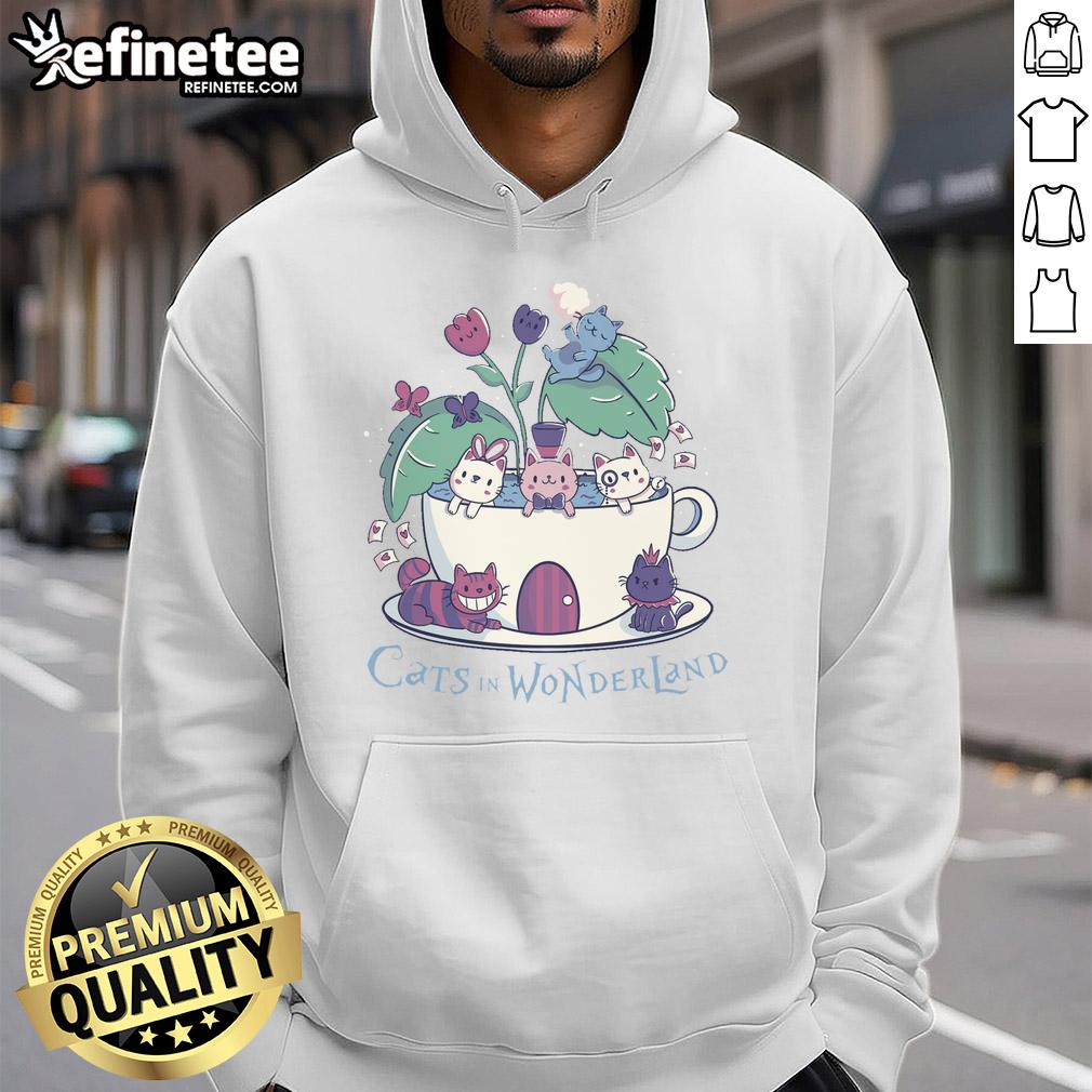 Cute Alice in Wonderland cats hoodie featuring whimsical cat designs enjoying tea party adventures.