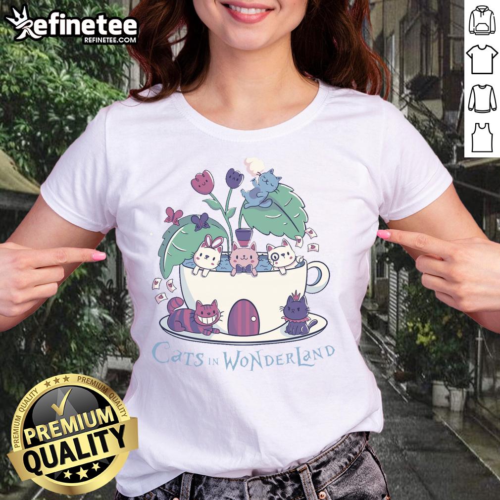 Alt Text: Cute Alice in Wonderland cats tea graphic on a ladies tee, perfect for cat lovers and fans of whimsical fashion.