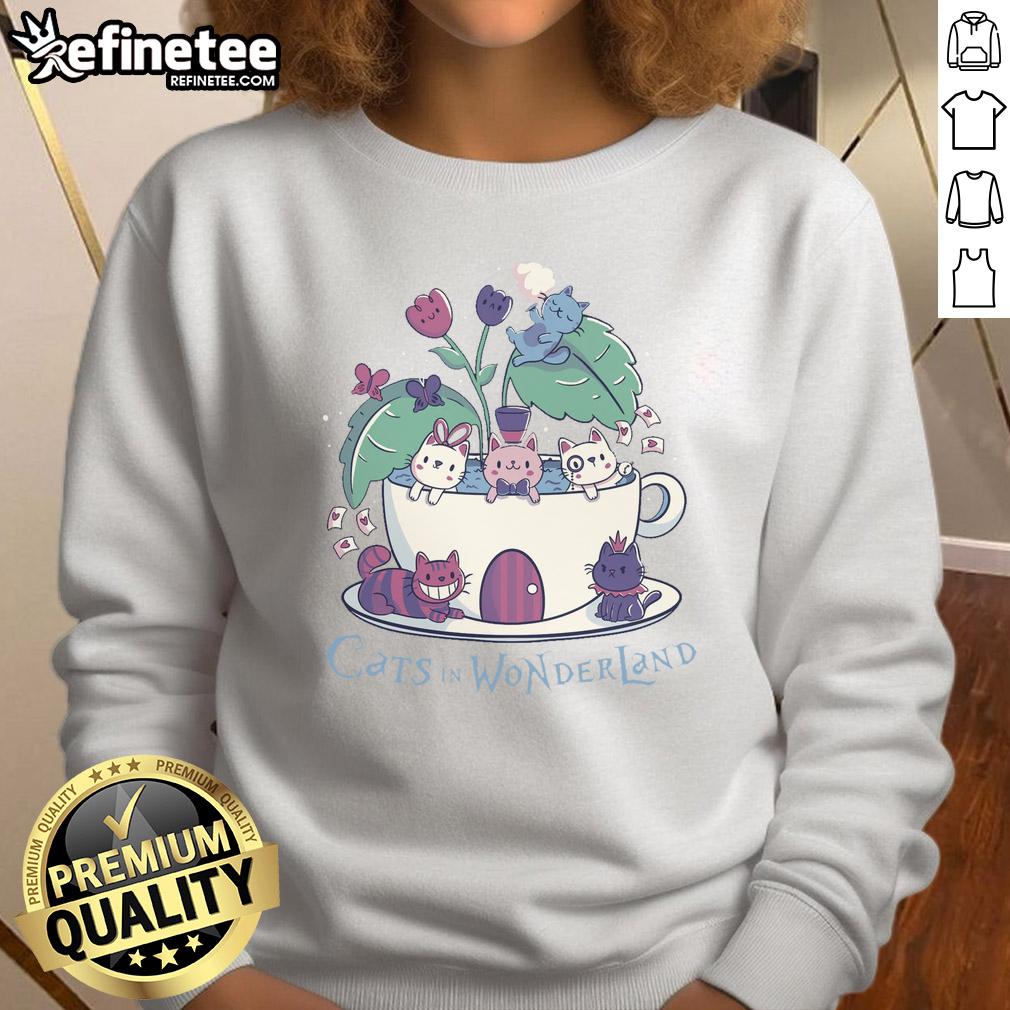 Alt Text: Cute Alice in Wonderland cats sweatshirt featuring whimsical cats enjoying tea, perfect for cat lovers and fans of the story.