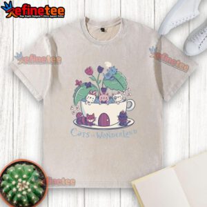 Alt Text: Cute Alice Cats Tea Cats in Wonderland washed t-shirt featuring whimsical cat designs and vibrant colors.