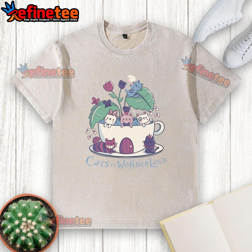 Alt Text: Cute Alice Cats Tea Cats in Wonderland washed t-shirt featuring whimsical cat designs and vibrant colors.