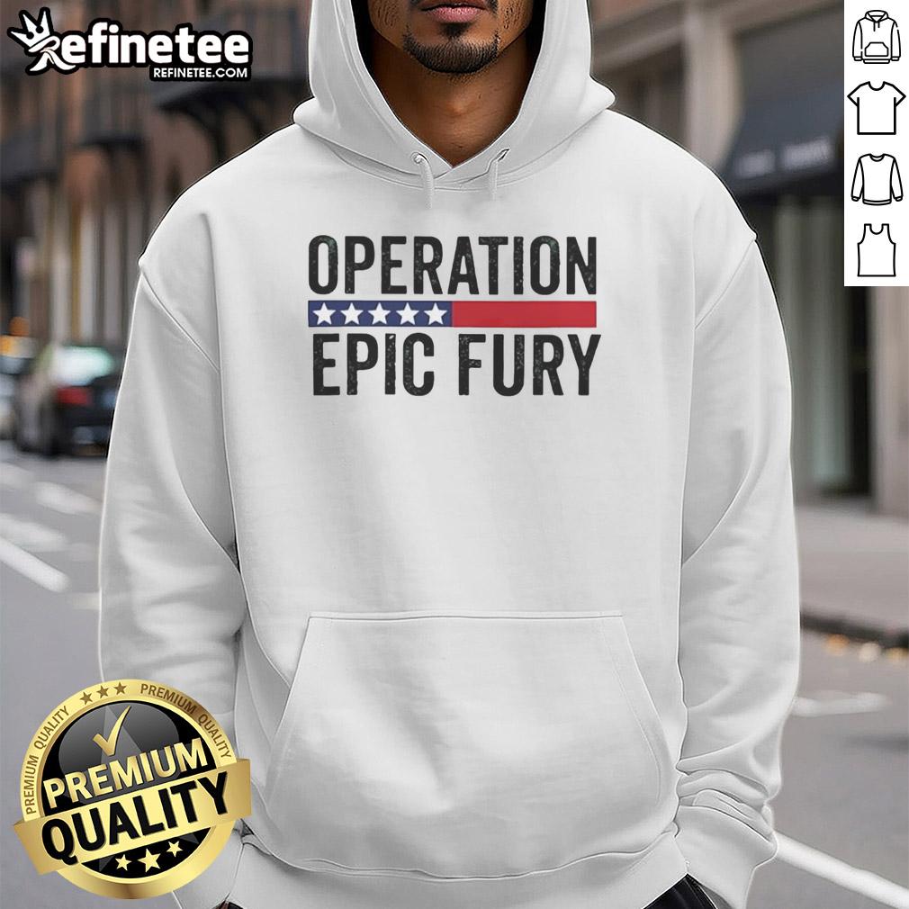Alt Text: Good Operation Epic Fury US Iran logo hoodie featuring bold graphics and a stylish design for fans.