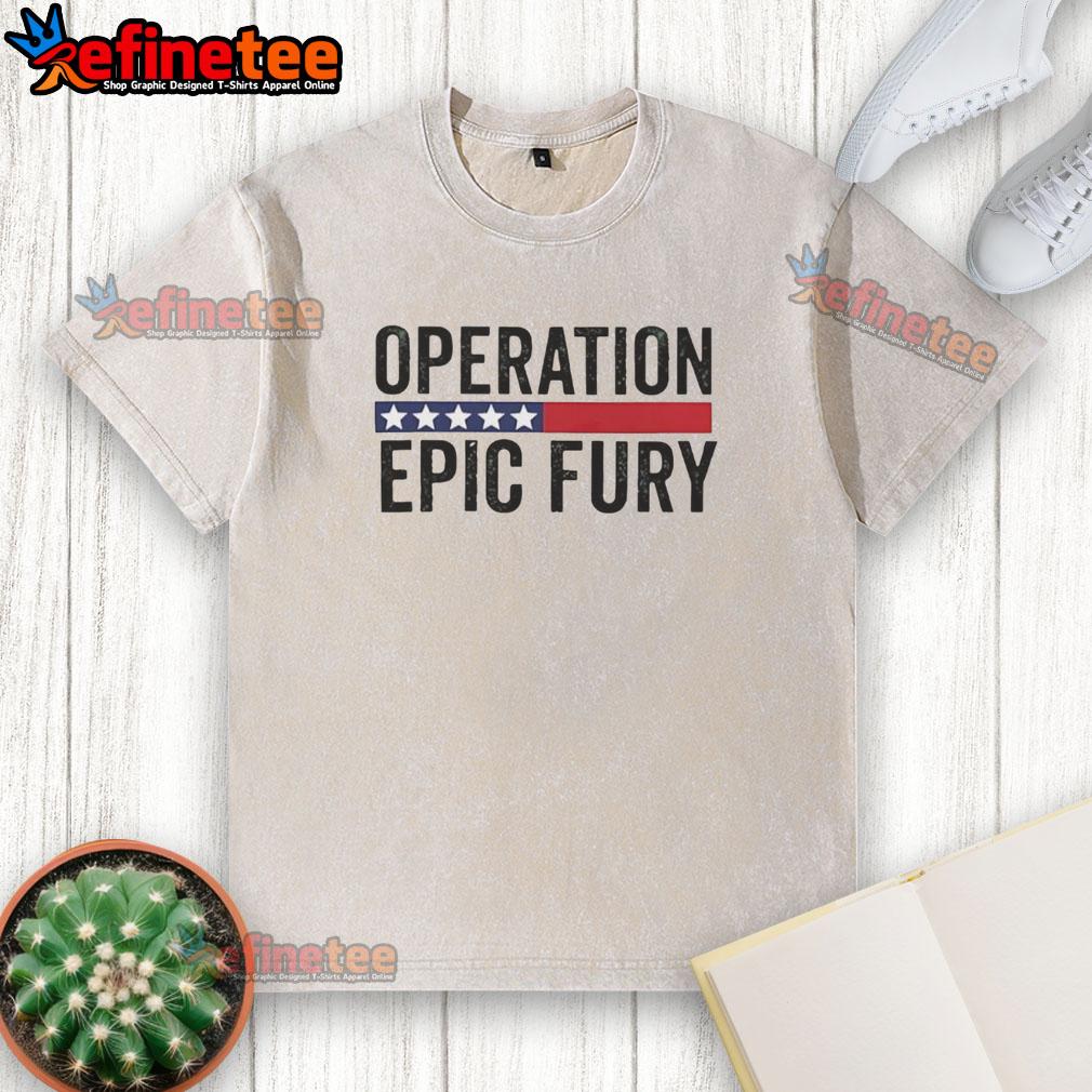 Alt Text: Good Operation Epic Fury US Iran logo on a washed t-shirt, showcasing a unique design for fans of political apparel.