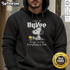 Hot and tired Snoopy wearing a 'I Work at Hy-Vee, It's Fine, I'm Fine, Everything is Fine' hoodie.