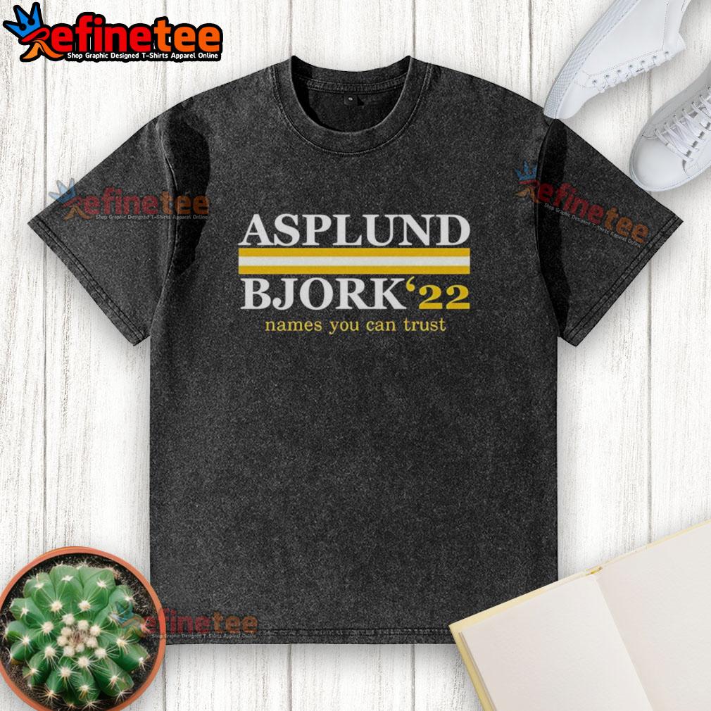 Nice Asplund Bjork 22 Names You Can Trust washed t-shirt displayed on a hanger, showcasing its casual style and soft fabric.