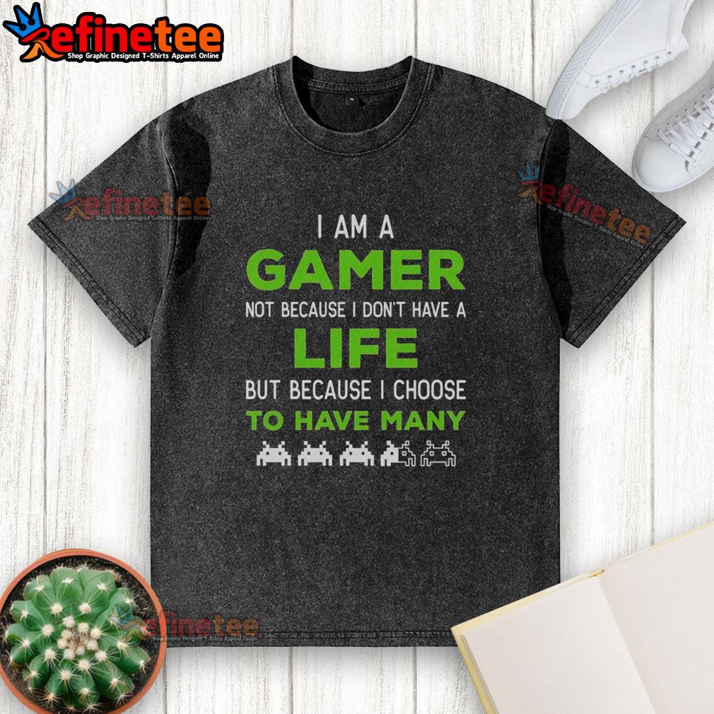 Washed t-shirt with 'Nice, I Am A Gamer' graphic, perfect for gaming enthusiasts looking for comfortable apparel.