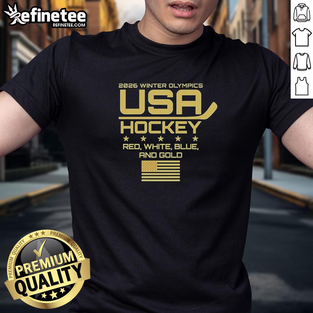 Red, white, and blue USA Hockey 2026 Winter Olympics T-shirt with gold accents, perfect for fans and supporters.
