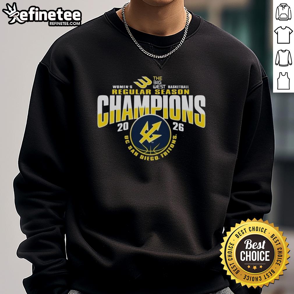 Alt Text: UC San Diego Tritons Women's Basketball 2026 Big West Champions sweatshirt, featuring team colors and logo.