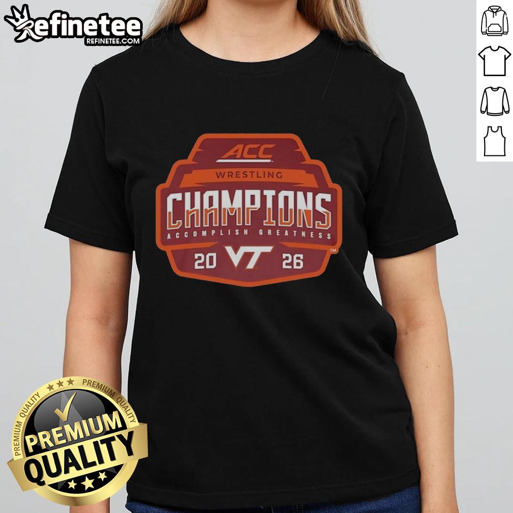 2026 ACC Men's Wrestling Tournament Champions Virginia Tech Hokies Ladies Tee, showcasing team pride and athletic spirit.