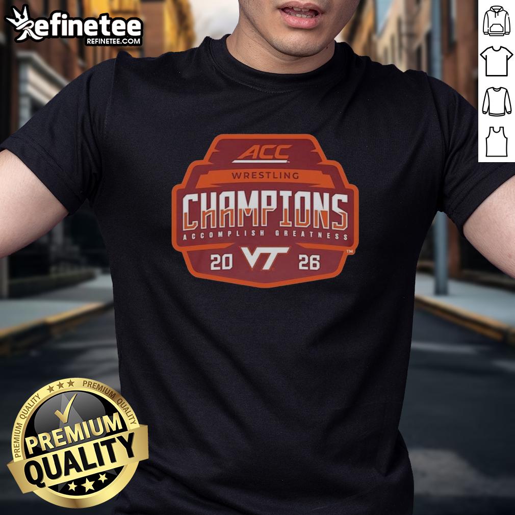 Virginia Tech Hokies 2026 ACC Men's Wrestling Tournament Champions T-Shirt featuring team colors and logo.