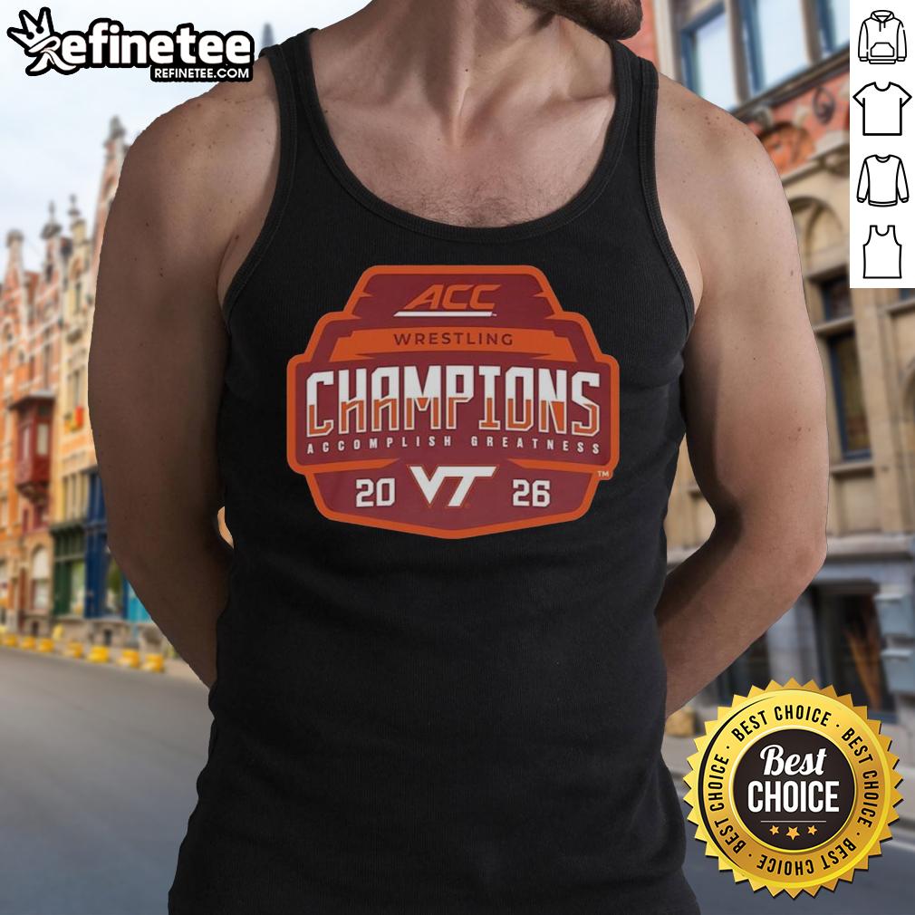 2026 ACC Men's Wrestling Tournament Champions tank top featuring Virginia Tech Hokies logo and design.