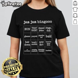 Alt Text: Official Jam Jam Bingooo Bun Ladies Tee featuring vibrant colors and playful design, perfect for casual wear.