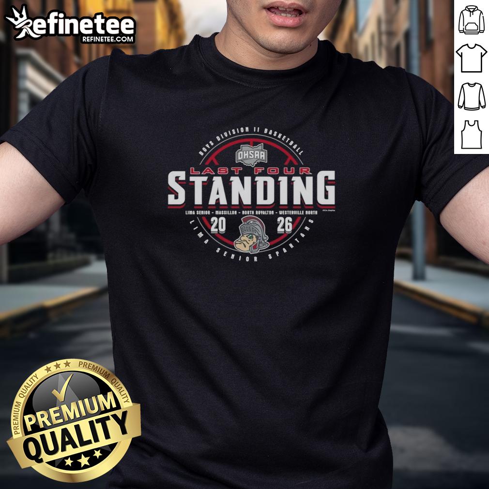 Alt Text: Official Lima Senior Spartans 2026 OHSAA Boys Basketball Division 2 Last Four Standing T-Shirt design in bold colors.