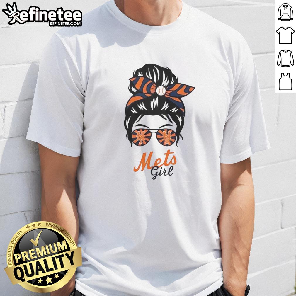 Official New York Mets Girl Messy Bun Glasses T-Shirt featuring a stylish design perfect for Mets fans.