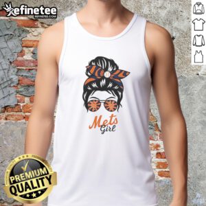 Official New York Mets girl in a messy bun and glasses, wearing a stylish tank top, showcasing team spirit.