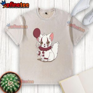 Alt Text: Official Pawnywise Pennywise Cat washed t-shirt featuring a playful cat in a spooky Pennywise design.