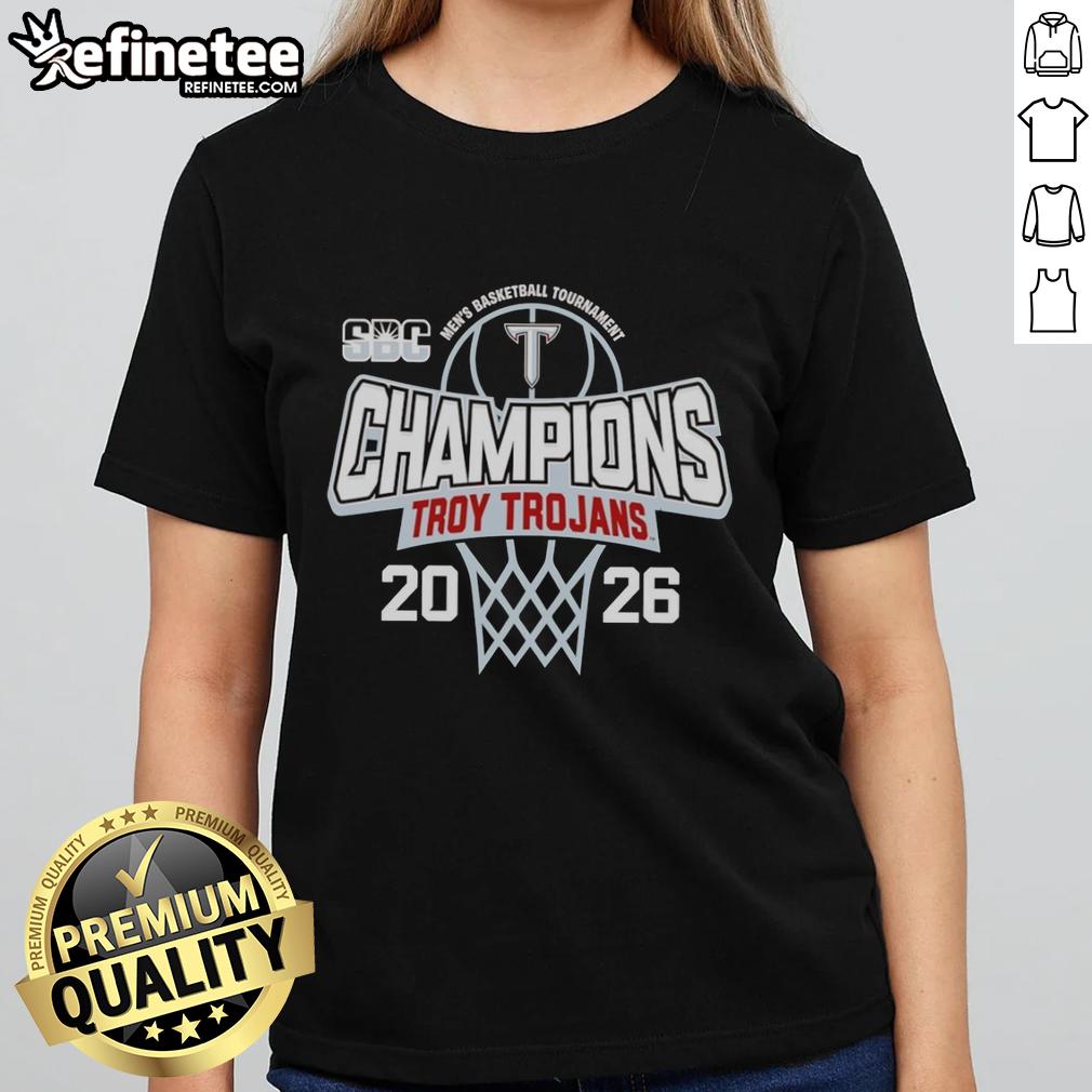 Official Troy Trojans Men's Basketball Tournament Champions 2026 Ladies Tee featuring team logo and vibrant design.