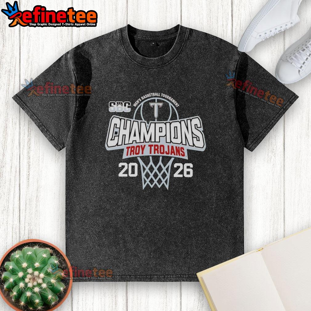 2026 Official Troy Trojans Men's Basketball Tournament Champions washed t-shirt featuring team logo and celebratory design.